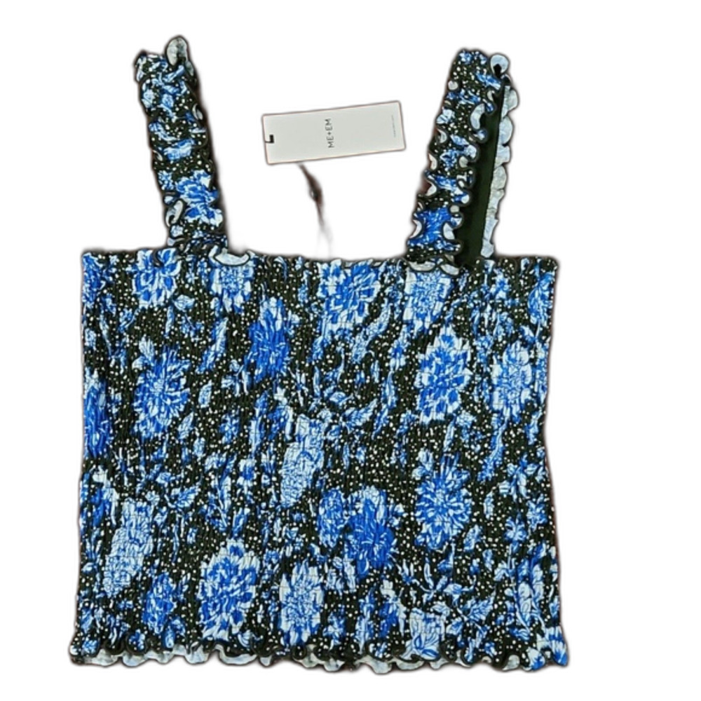 NWT ME+EM Floral Polka Dot Print Sleeveless Smock Top, Blue/Olive Green/White, 8